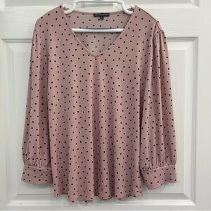Adrianna Papell Large Pink w/ Black Polka Dot V-Neck Women's Blouse/Shirt/Top
